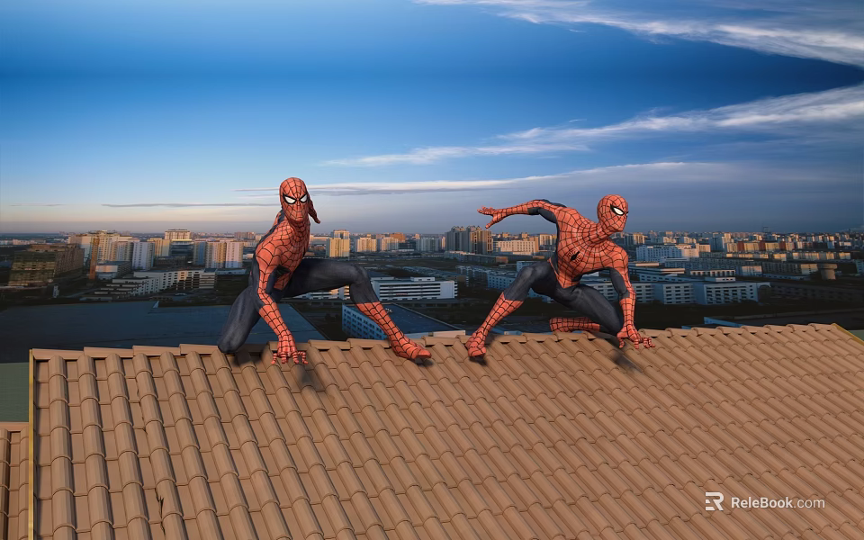 Dynamic Spider Man Sculptures On Rooftop With Urban Skyline And Blue Sky 3d model 