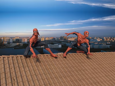 Dynamic Spider Man Sculptures On Rooftop With Urban Skyline And Blue Sky 3d model