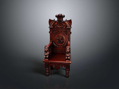 Chinese Style Single Chair With Dark Red Carved Wooden Ornate Backrest And Armrests 3d model