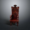 Chinese Style Single Chair With Dark Red Carved Wooden Ornate Backrest And Armrests