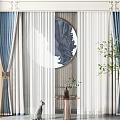 Blue And White Layered Curtains In Modern Interior With Round Mirror And Green Plants