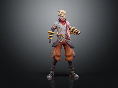 3D Fantasy Humanoid Character With Blonde Hair Red Scarf Yellow Arm Bands And Orange Pants 3d model