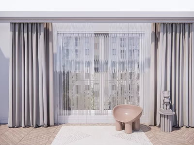 Modern Gray Curtains With Sheer Panels In Bright Window Interior With Wooden Floor 3d model