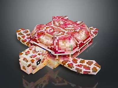 Player Character Interacting With Pink And White Blocky Pixel Turtle Creature In Minecraft Style 3d model