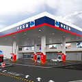 Gas Station With Red White Blue Canopy Fuel Pumps Car And Billboards