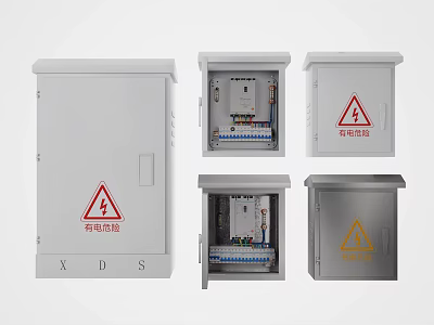 Different Electrical Distribution Boxes With Warning Signs And Internal Components 3d model