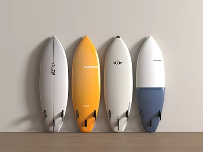 Colorful Wall Mounted Surfboards With White Yellow Blue For Sports Equipment 3d model