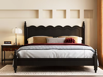 Double Bed With Black Scalloped Headboard Neutral Red Pillows Checkered Blanket And Recessed Wall Niches 3d model