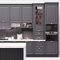 Modern Dark Gray Kitchen Cabinets With Central Island And Copper Accessories 3d model