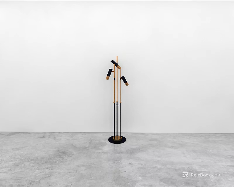 Sleek Gold And Black Floor Lamp With Three Lamp Heads Against White Wall Gray Floor 3d model 