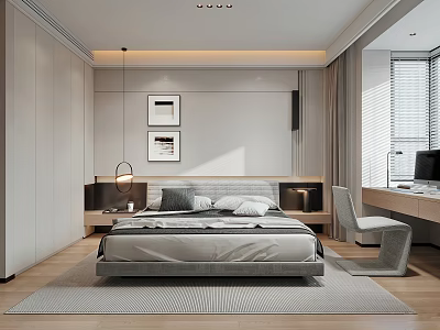 Modern Bedroom Interior With Bed Nightstand Table Lamp Framed Pictures Window And Desk 3d model