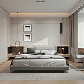 Modern Bedroom Interior With Bed Nightstand Table Lamp Framed Pictures Window And Desk