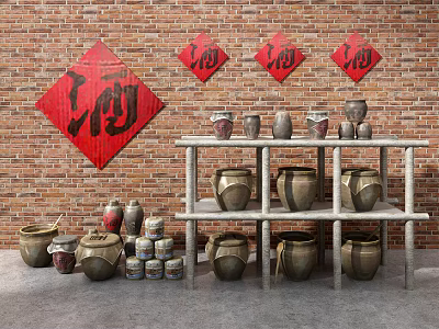 Traditional Wine Jars And Clay Pots On Wooden Shelf With Brick Wall Red Wine Characters 3d model