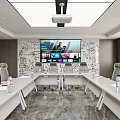 Modern Conference Room Interior With Long Tables Comfortable Chairs Large Screen And Projector