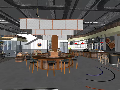 Contemporary Bar Interior With Central Counter High Stools And Pendant Lighting 3d model