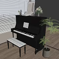 Elegant Black Piano Art Supplies Setup With Music Sheet White Bench Green Plant Near Window