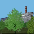 Aerial View Of Industrial Plant With Tall Chimneys Surrounding Greenery And Waterfront Facilities