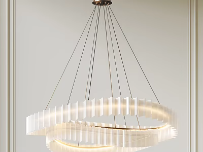 Modern Double Ring Chandelier With White Slats And Metal Hanging Rods 3d model