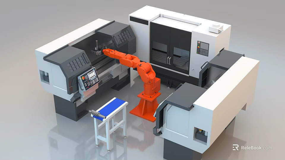 Industrial Equipment Workstation With CNC Machine Robotic Arm And Control Panel 3d model 