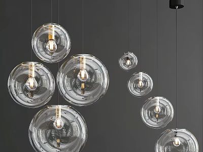 Modern Transparent Glass Globe Pendant Lights with Exposed Bulbs Various Sizes Hanging on Gray Background 3d model