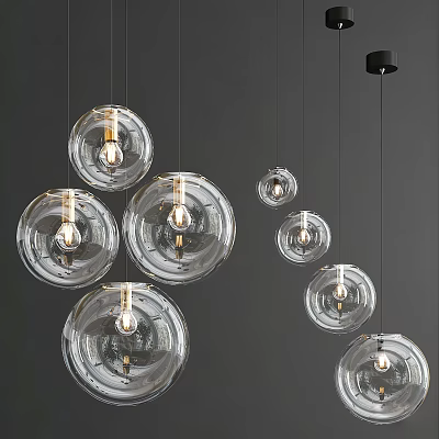 Modern Transparent Glass Globe Pendant Lights with Exposed Bulbs Various Sizes Hanging on Gray Background 3d model