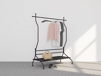 Black Clothes Rack with Pink White Gray Clothes Beige Bag and Black Shoes on Shelf 3d model