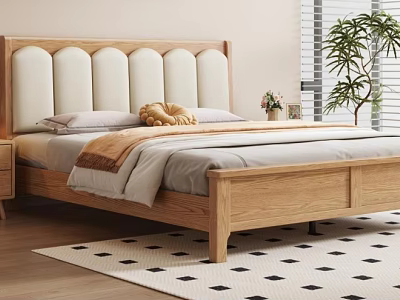 Cozy Wooden Bedroom with Upholstered Headboard Plush Toy and Potted Plant 3d model