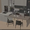Modern Open Kitchen Dining Area With Island Counter Dining Table Chairs And Cabinets 3d model