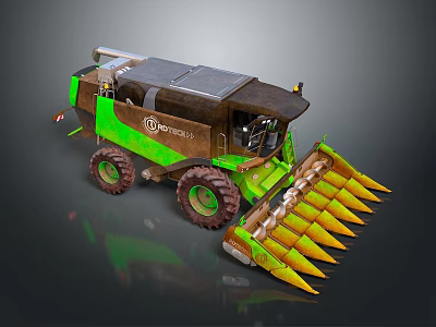 Green Brown BioTechno Combine Harvester With Yellow Reaper Parts And Wheels 3d model