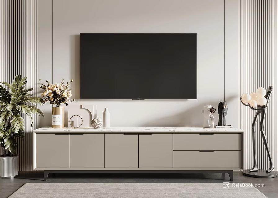 Modern TV Cabinet With Marble Top TV Vase Decorations And Floor Lamp In Living Room 3d model 