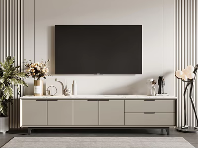 Modern TV Cabinet With Marble Top TV Vase Decorations And Floor Lamp In Living Room 3d model