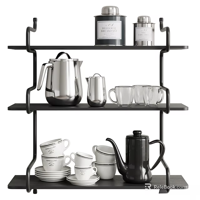 Black Metal Shelf Decorative Ornament Set With Silver Teapot Glass Cups And White Mugs 3d model 