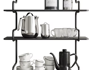 Black Metal Shelf Decorative Ornament Set With Silver Teapot Glass Cups And White Mugs 3d model