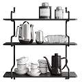 Black Metal Shelf Decorative Ornament Set With Silver Teapot Glass Cups And White Mugs