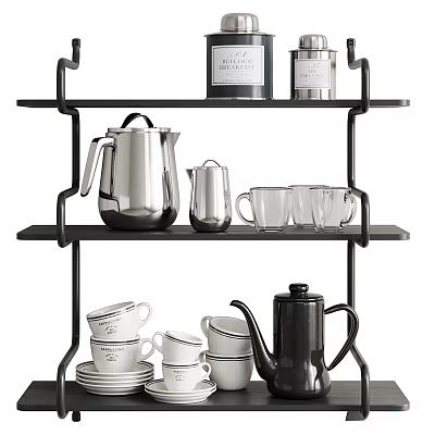 Black Metal Shelf Decorative Ornament Set With Silver Teapot Glass Cups And White Mugs 3d model