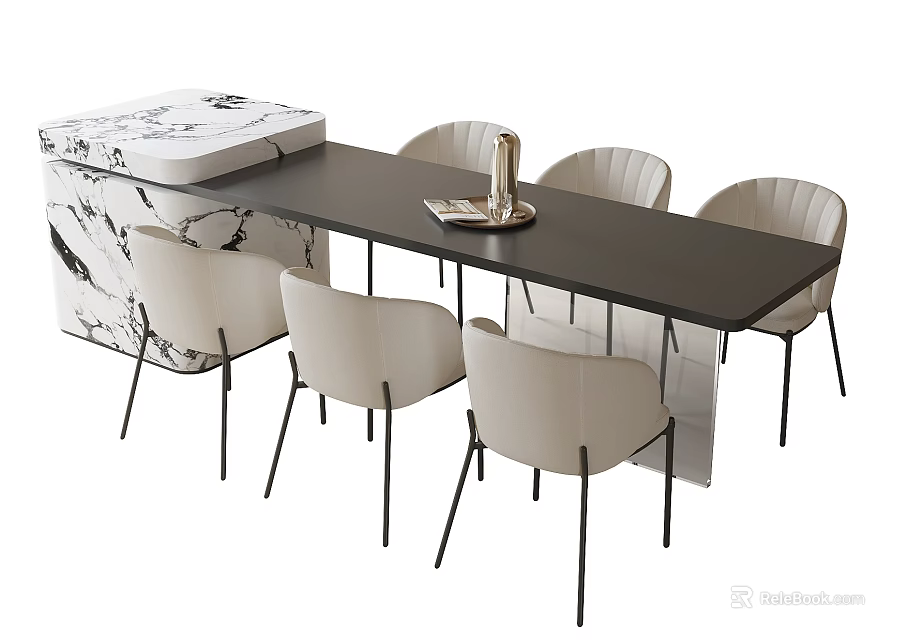 Modern Dining Table And Chairs With Black Tabletop Light Chairs Marble Cabinet And Metal Tray 3d model 
