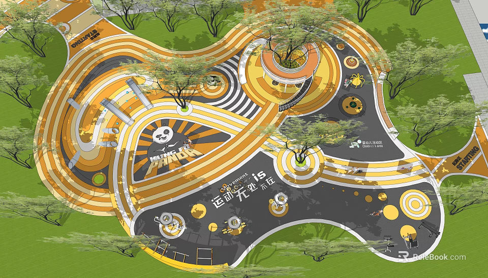 Vibrant Children's Play Area With Colorful Circular Patterns Climbing Structures And Shade Trees 3d model 