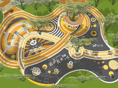 Vibrant Children's Play Area With Colorful Circular Patterns Climbing Structures And Shade Trees 3d model