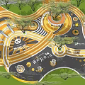 Vibrant Children's Play Area With Colorful Circular Patterns Climbing Structures And Shade Trees