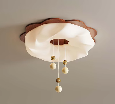 Modern Ceiling Lamp With Wave Shaped White Shade And Brown Frame Hanging Spherical Decorations 3d model