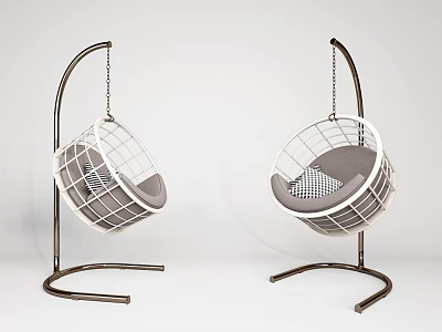 Modern Hanging Chairs With Metal Frame Wireframe Design And Gray Checkered Cushions 3d model