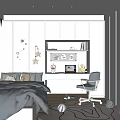 Tatami Bedroom Interior With Grey Bed White Desk Built-in Bookshelf Grey Chair And Star Decorations
