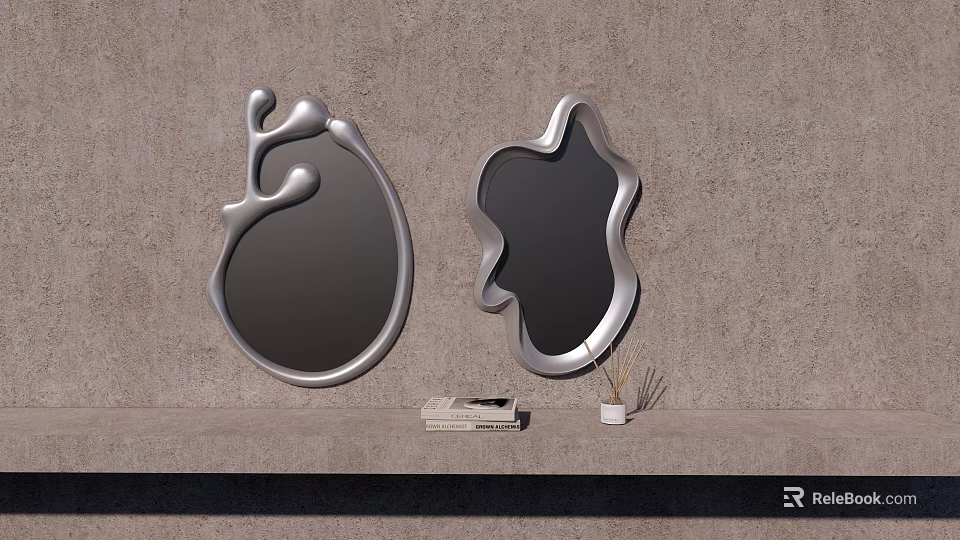 Two Irregular Shaped Silver Mirrors on Gray Wall with Shelf Books and Small Plant 3d model 