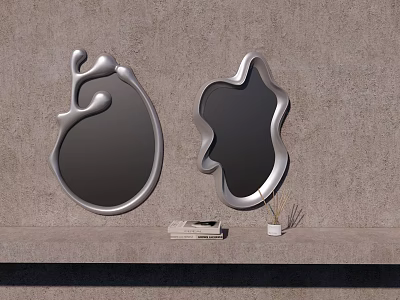 Two Irregular Shaped Silver Mirrors on Gray Wall with Shelf Books and Small Plant 3d model
