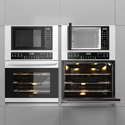 Modern Built in Kitchen Appliances With Microwave Oven Open Door And Interior Light 3d model