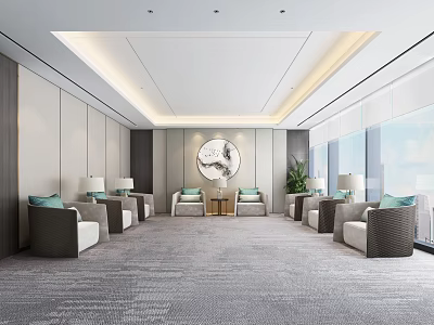 Modern Hotel Public Lounge With Gray Carpet Beige Walls Ceiling Light Strips And Green Cushions 3d model