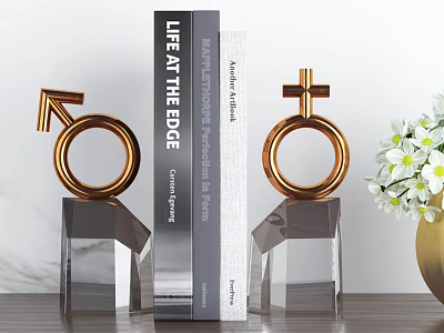 Golden Gender Symbol Sculptures With Transparent Bases Books And White Flower Vase 3d model