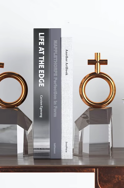 Golden Gender Symbol Sculptures With Transparent Bases Books And White Flower Vase 3d model