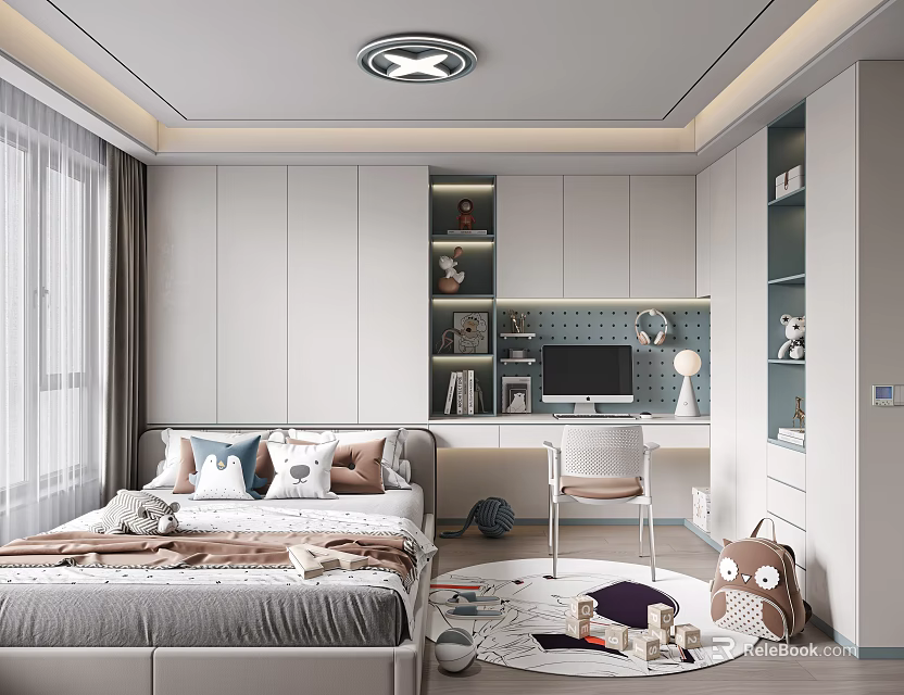 Tatami Bedroom Interior Design With Storage Bed Bookshelves Desk And Cozy Chair 3d model 