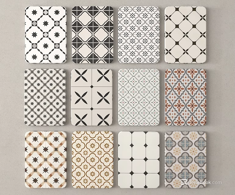 Various Patterned Floor Tiles With Geometric Floral Grid Designs In Black White Beige Brown Hues 3d model 